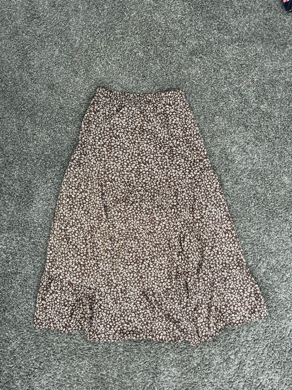 Pink Lily Brown Floral Tiered Midi Skirt